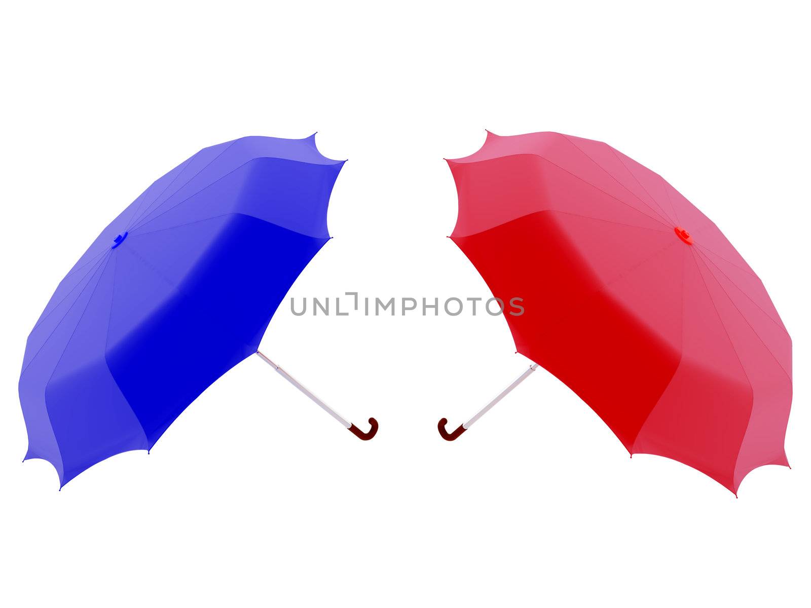 High resolution image red and blue umbrella.  3d illustration over white backgrounds.