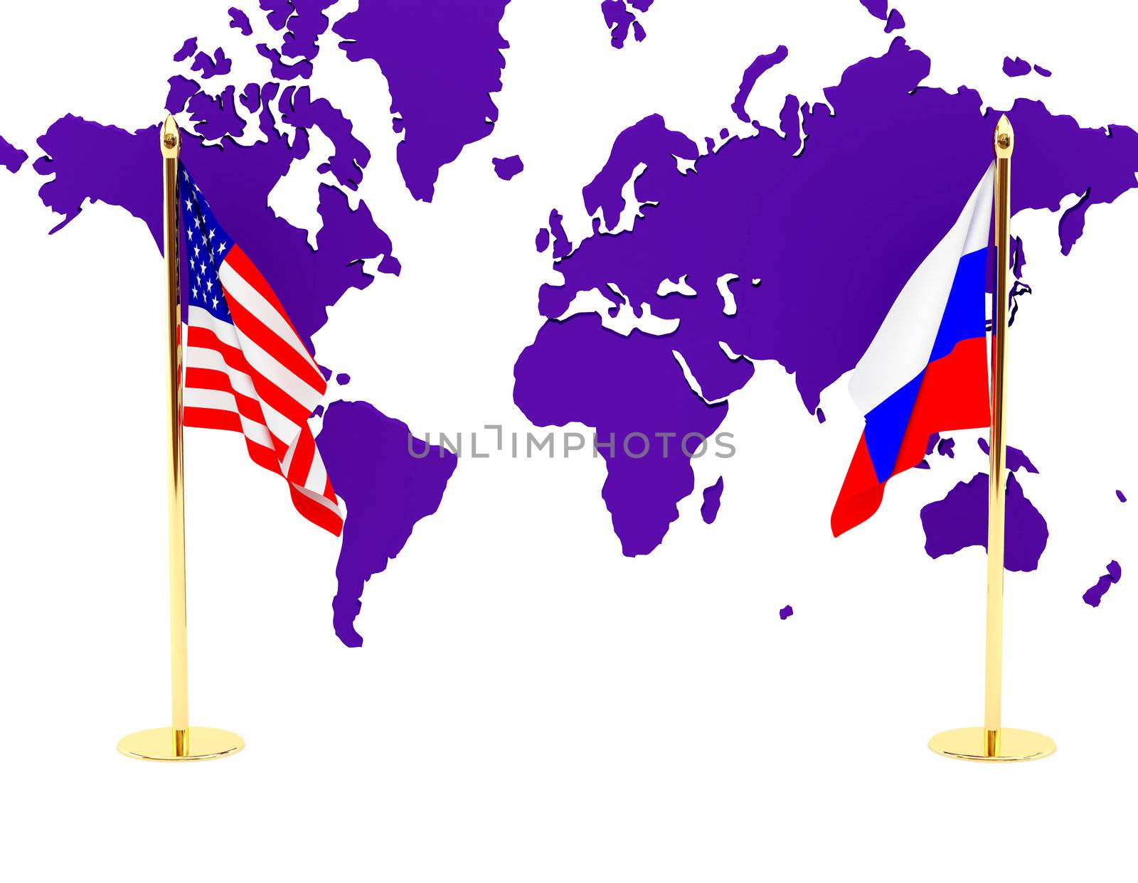 The American and Russian flag on a background of a card of the world by rook