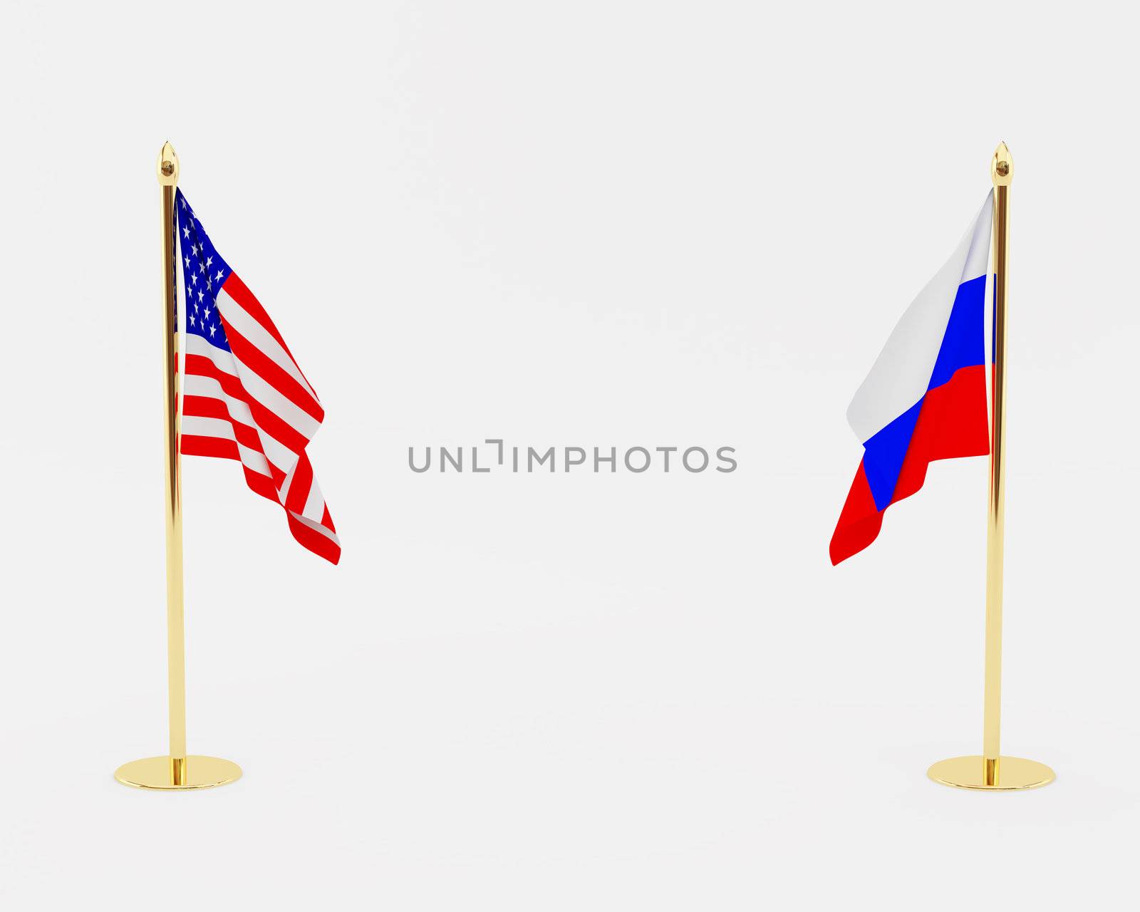 The American and Russian flags  isolated on white background. 3d illustration.