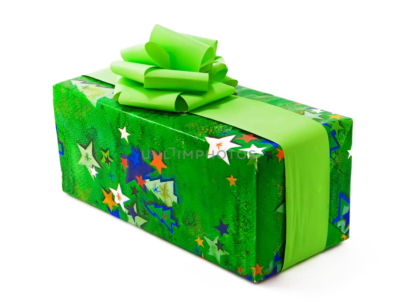 One gift wrapped in green christmas paper with green bows. Ideal Christmas Present type Photo.