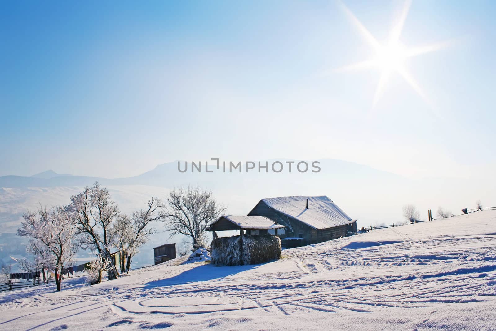 Lonely wooden house and trees in snow covered mountains under shiny blue sky