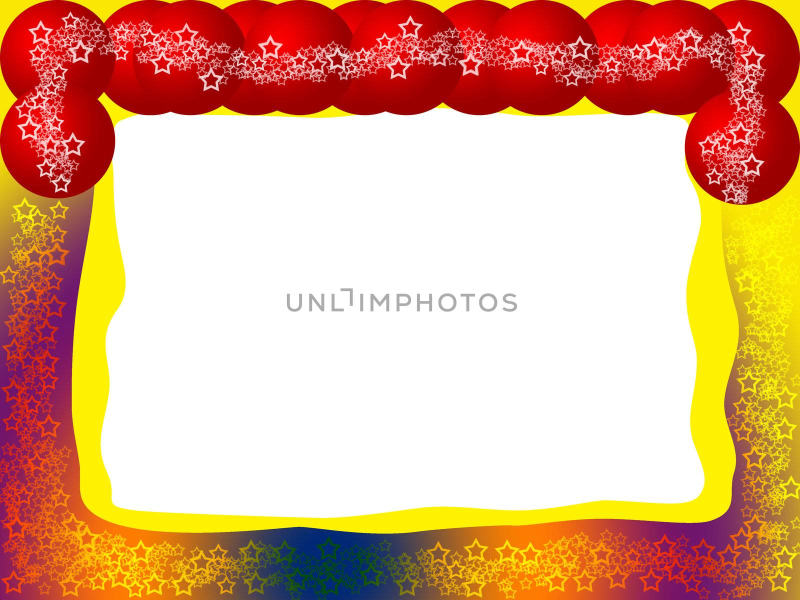 Bright Decorative Festive Colorful Frame with Red Balls, Lacy Stars and Blank White Background