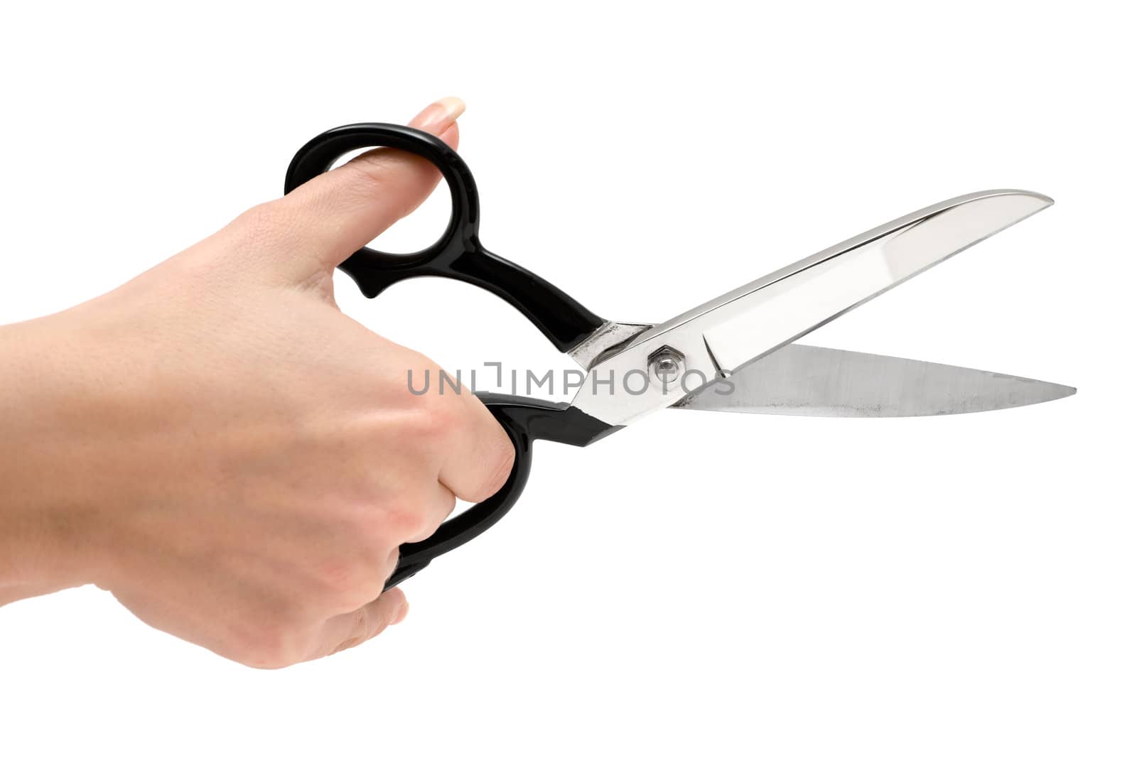 Hand with scissors isolated on a white background.