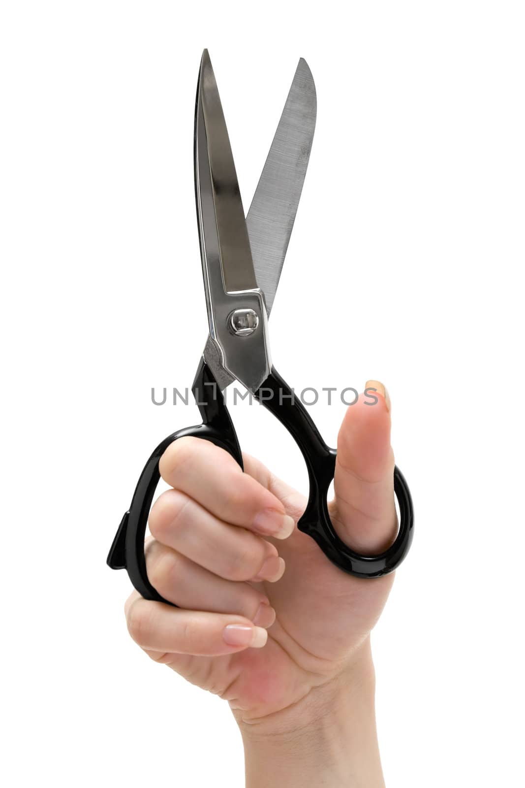 Female hand holding scissors. Isolated on a white background.