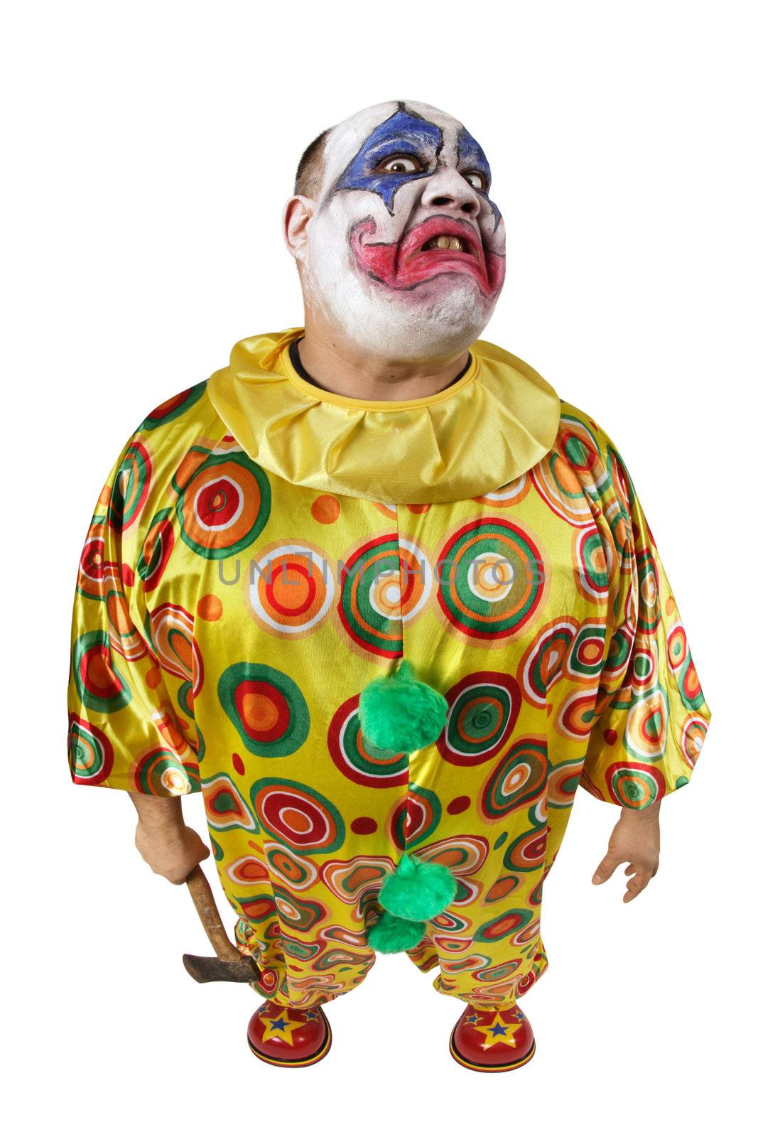 A nasty evil clown holding an axe, angry and looking mean. Fisheye lens with focus on the face.