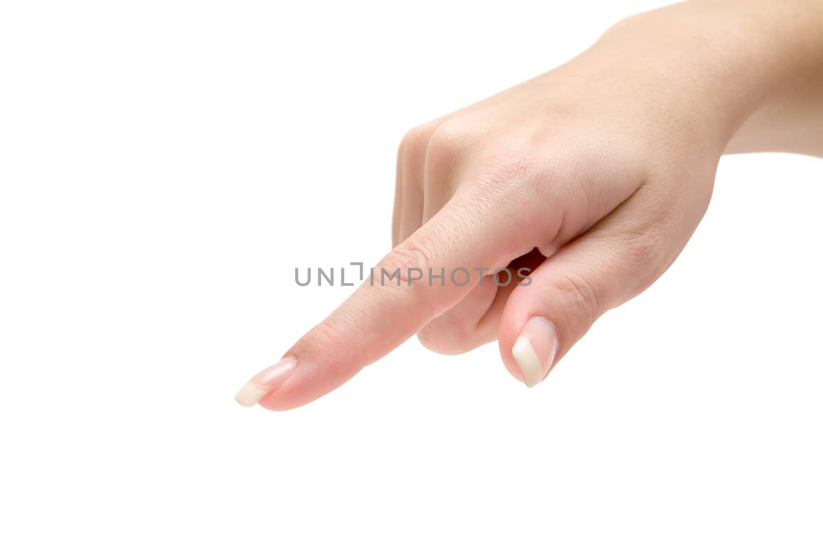 Female forefinger pointing at something. Isolated on a white background.