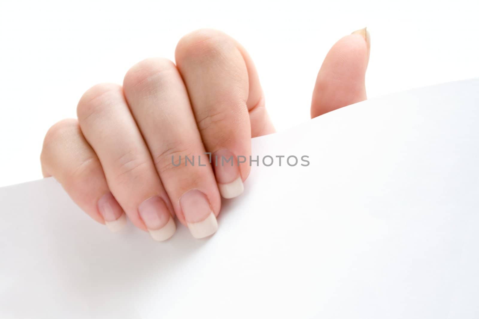 Woman holding a blank sheet of paper. Isolated on a white background.