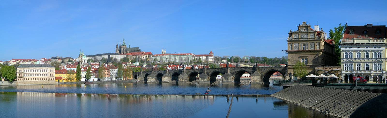Prague castle and Charles bridge across Vltava river