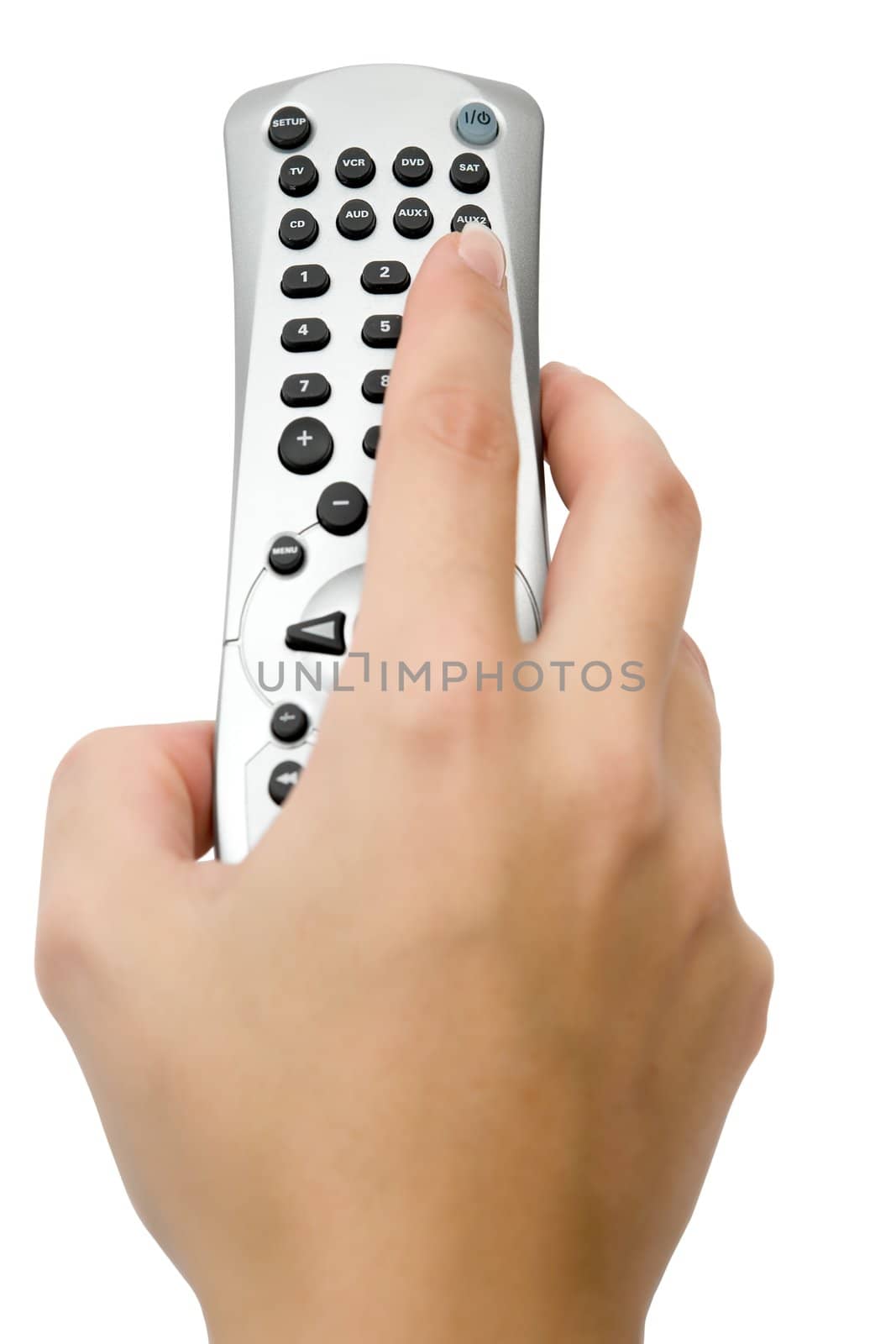 Holding a remote control. Isolated on a white background.