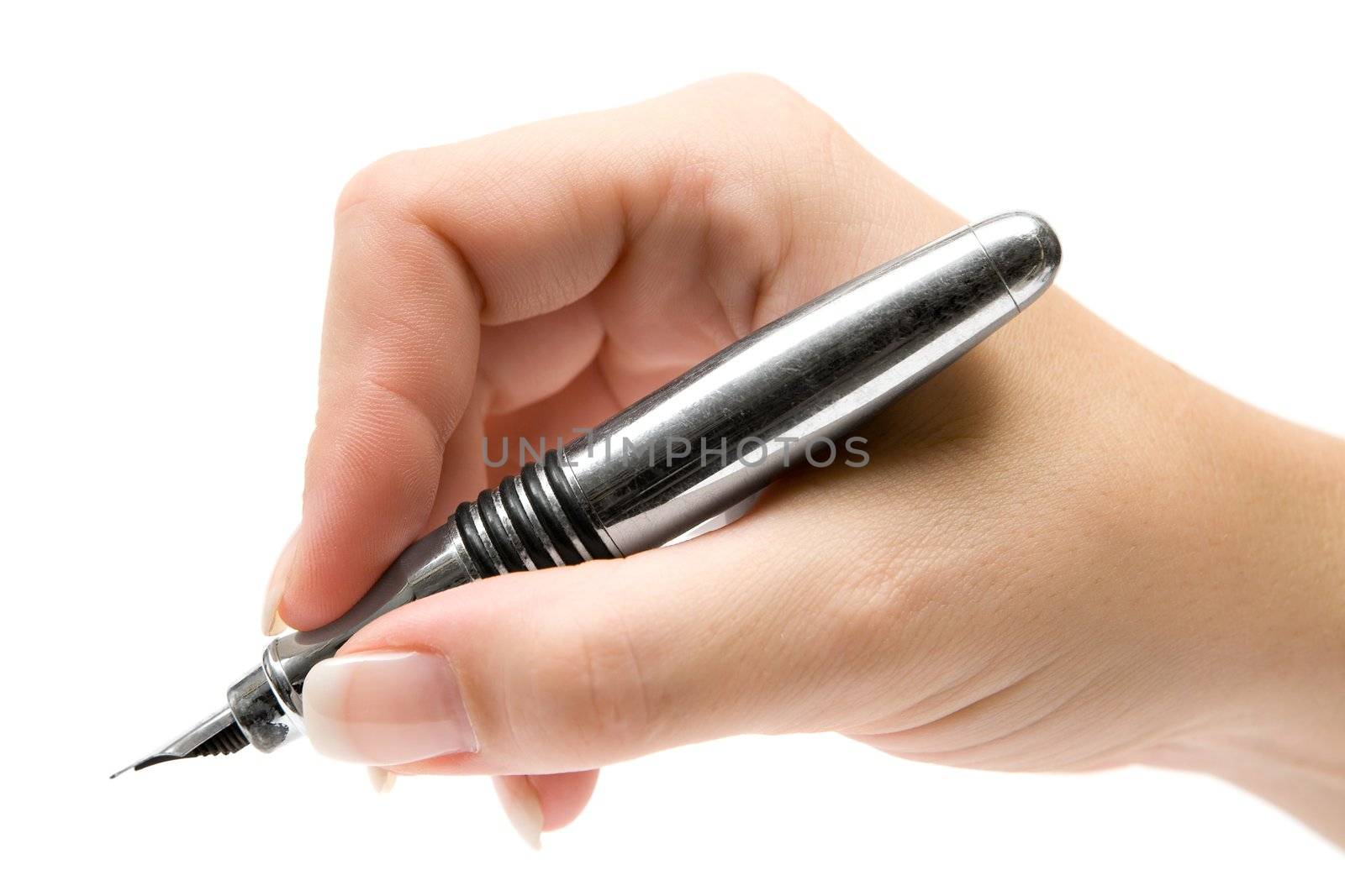 Female hand writing with a shiny fountain pen. Isolated on a white background.