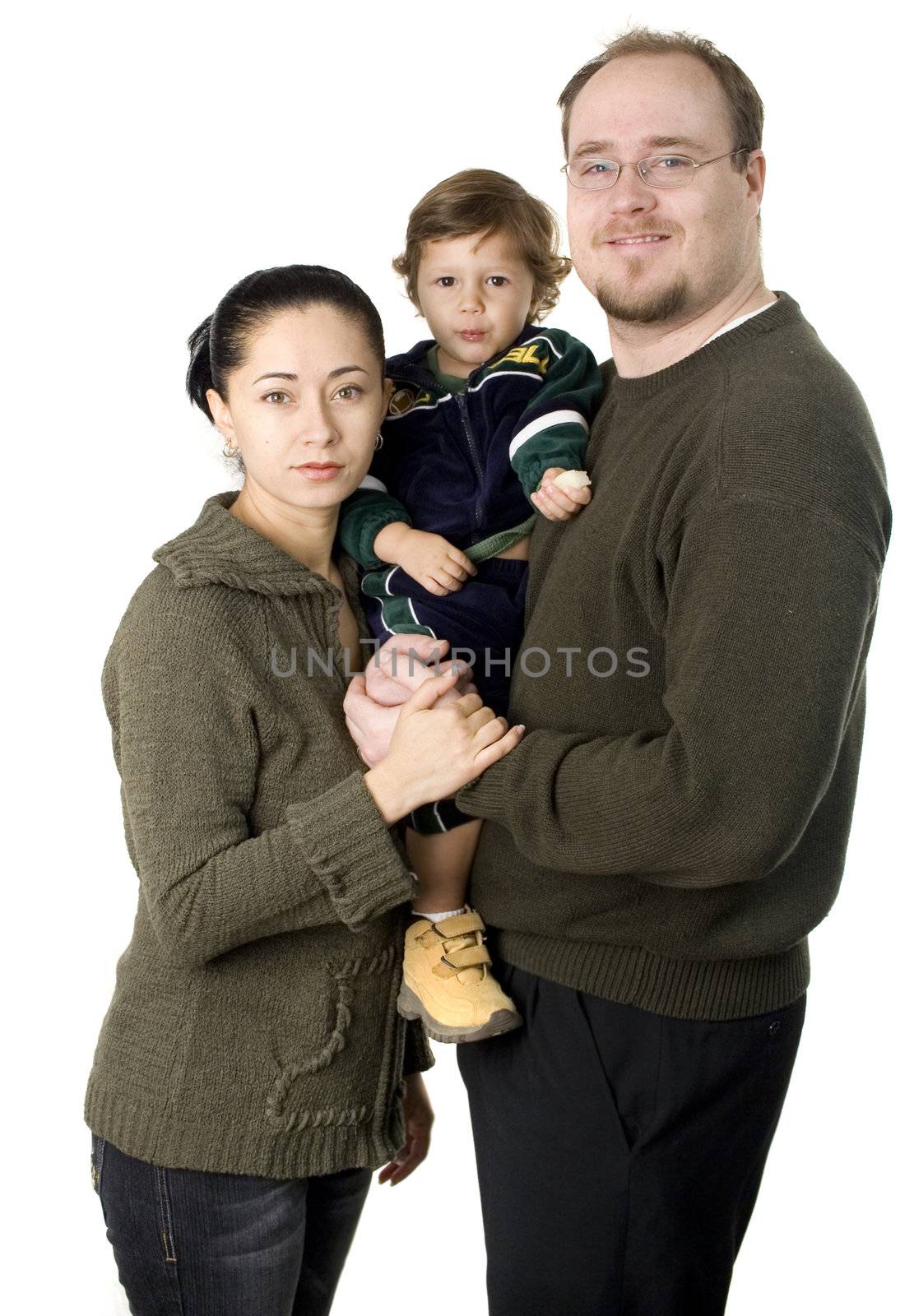 Interacial couple with small baby boy smiling isolated