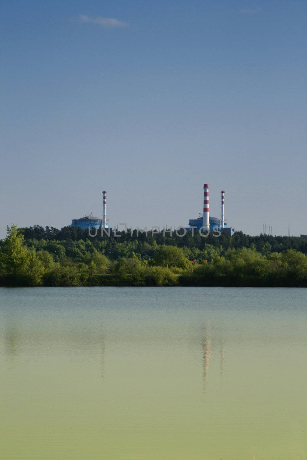 Nuclear station on the bank of lake