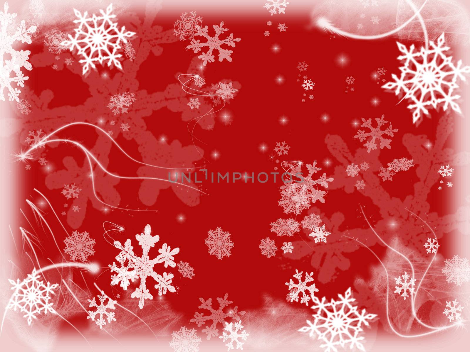 white snowflakes over red background with feather corners