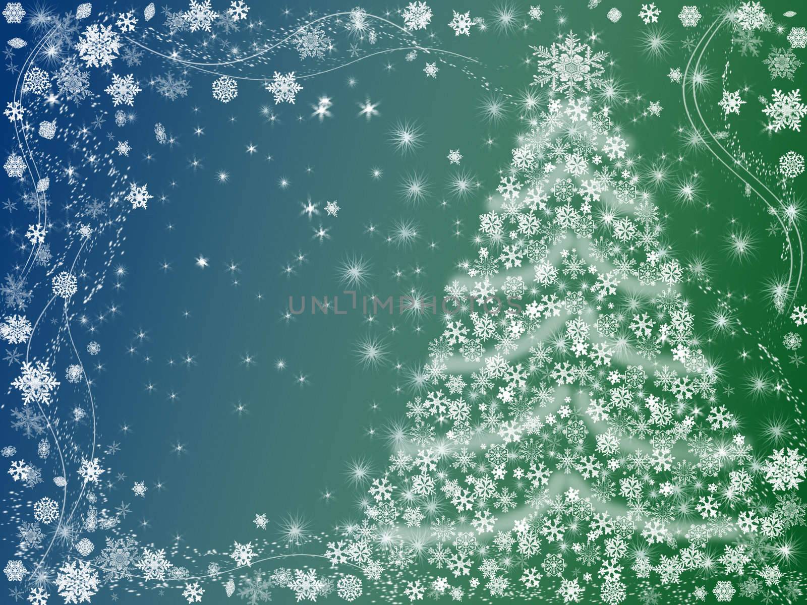 christmas tree drawn by white snowflakes over blue and green background 