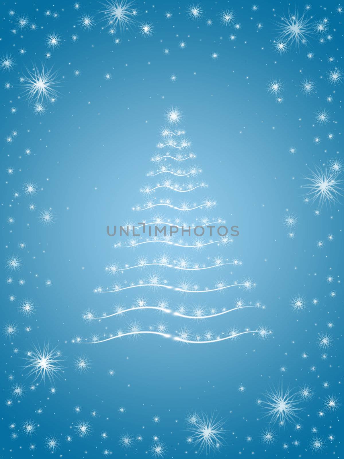 christmas tree drawn by white lights over blue background