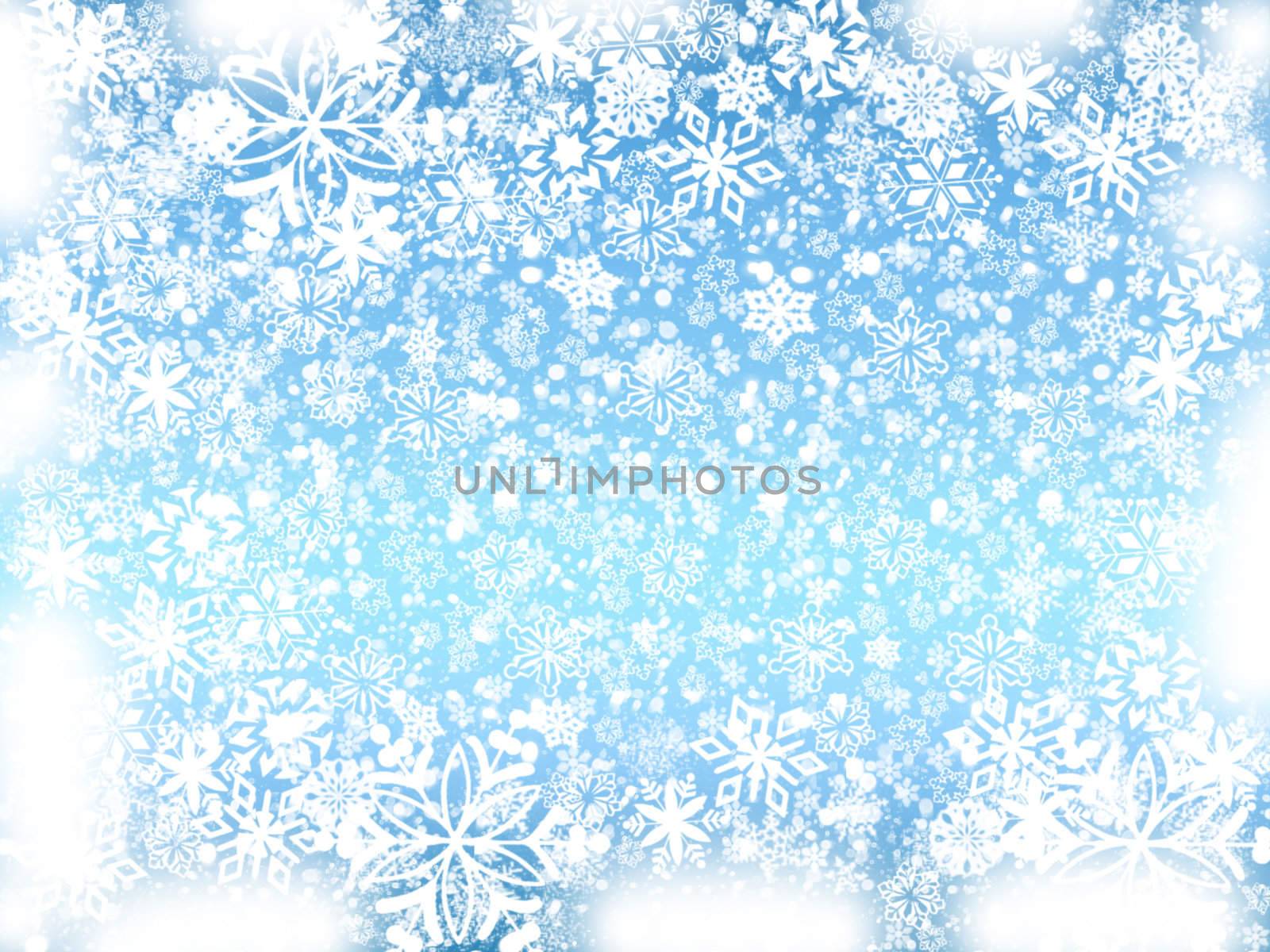 white snowflakes over light blue background with feather corners
