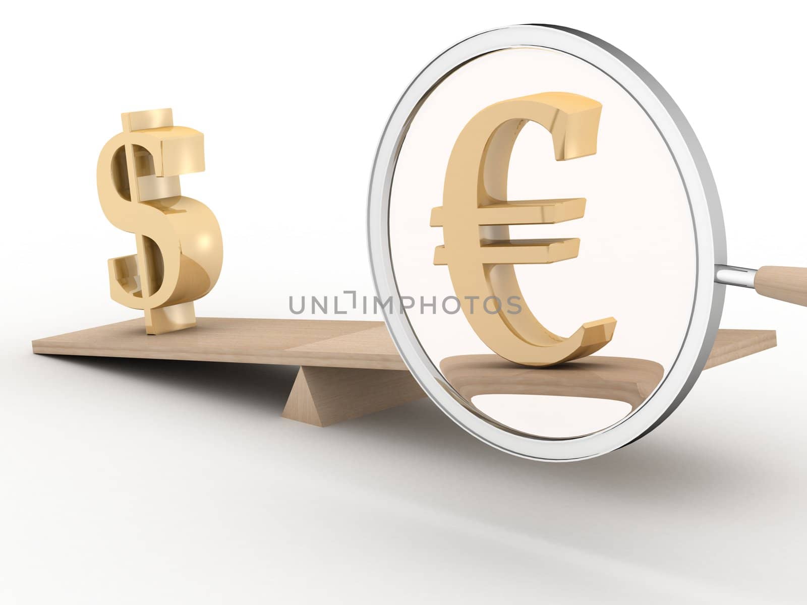 Dollar and euro on scales. 3D image.