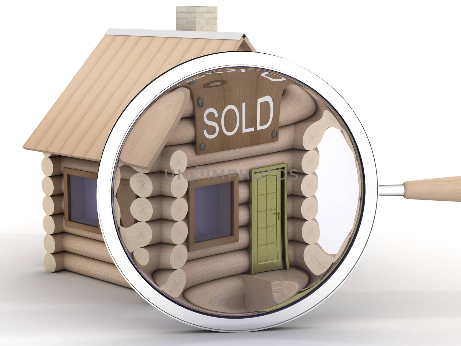 Wooden small house and magnifier. 3D image.