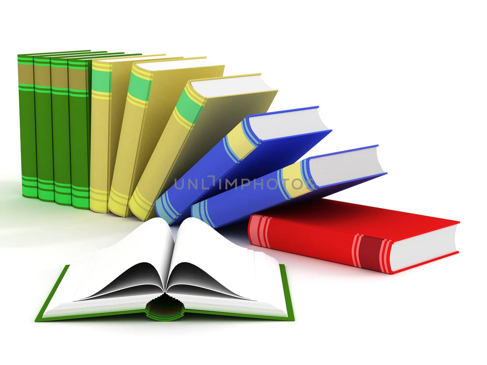 Open and falling books. 3D isolated image.