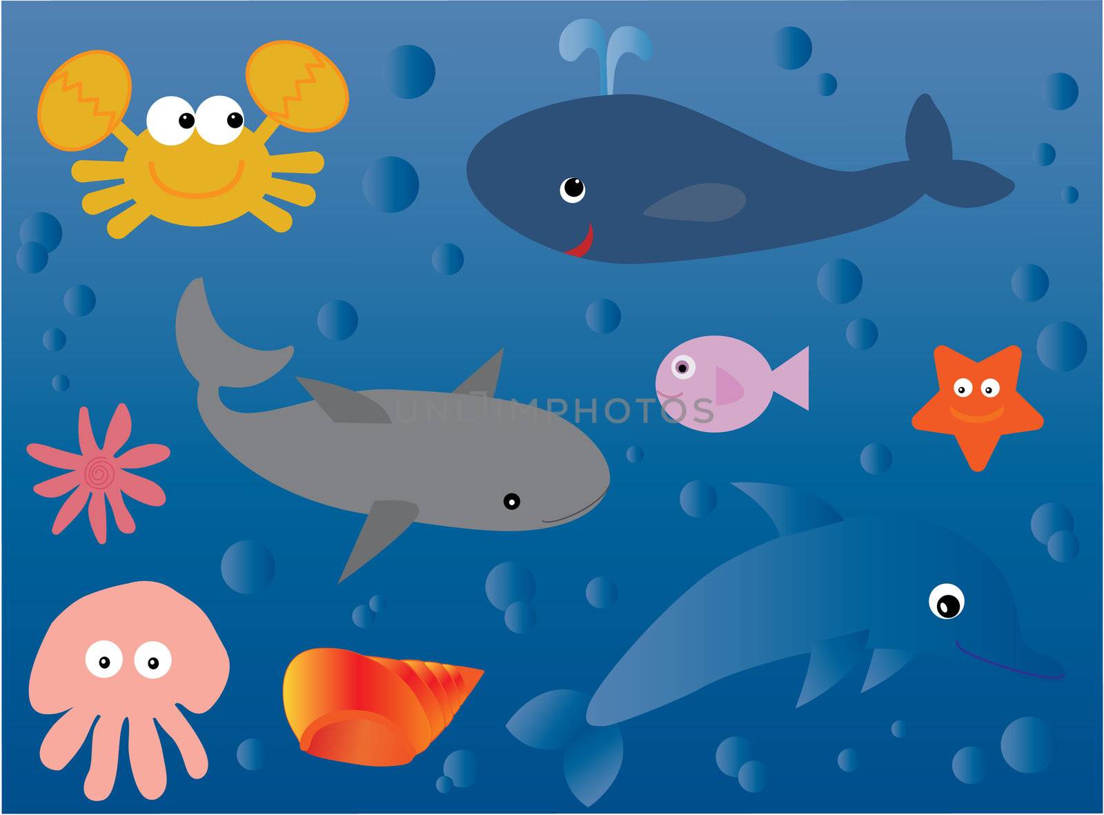 Vector illustration of a collection of marine life in a cute style suitable for children
