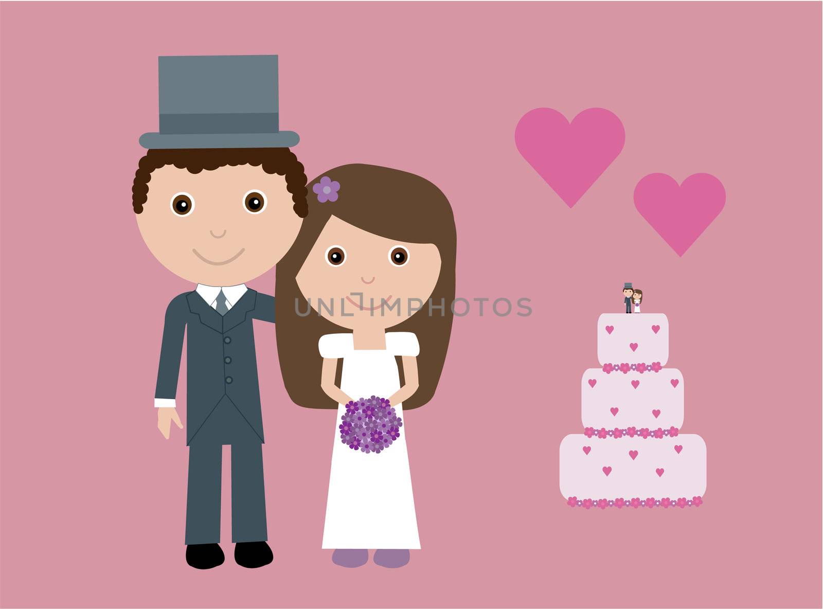 Vector illustration of a cute bride and groom, wedding cake and hearts.