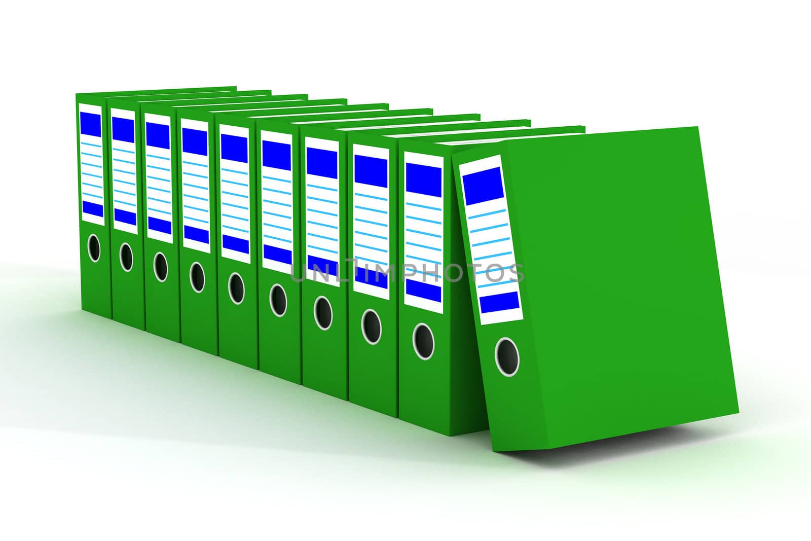 Row of green folders with documents on a white background by ISerg