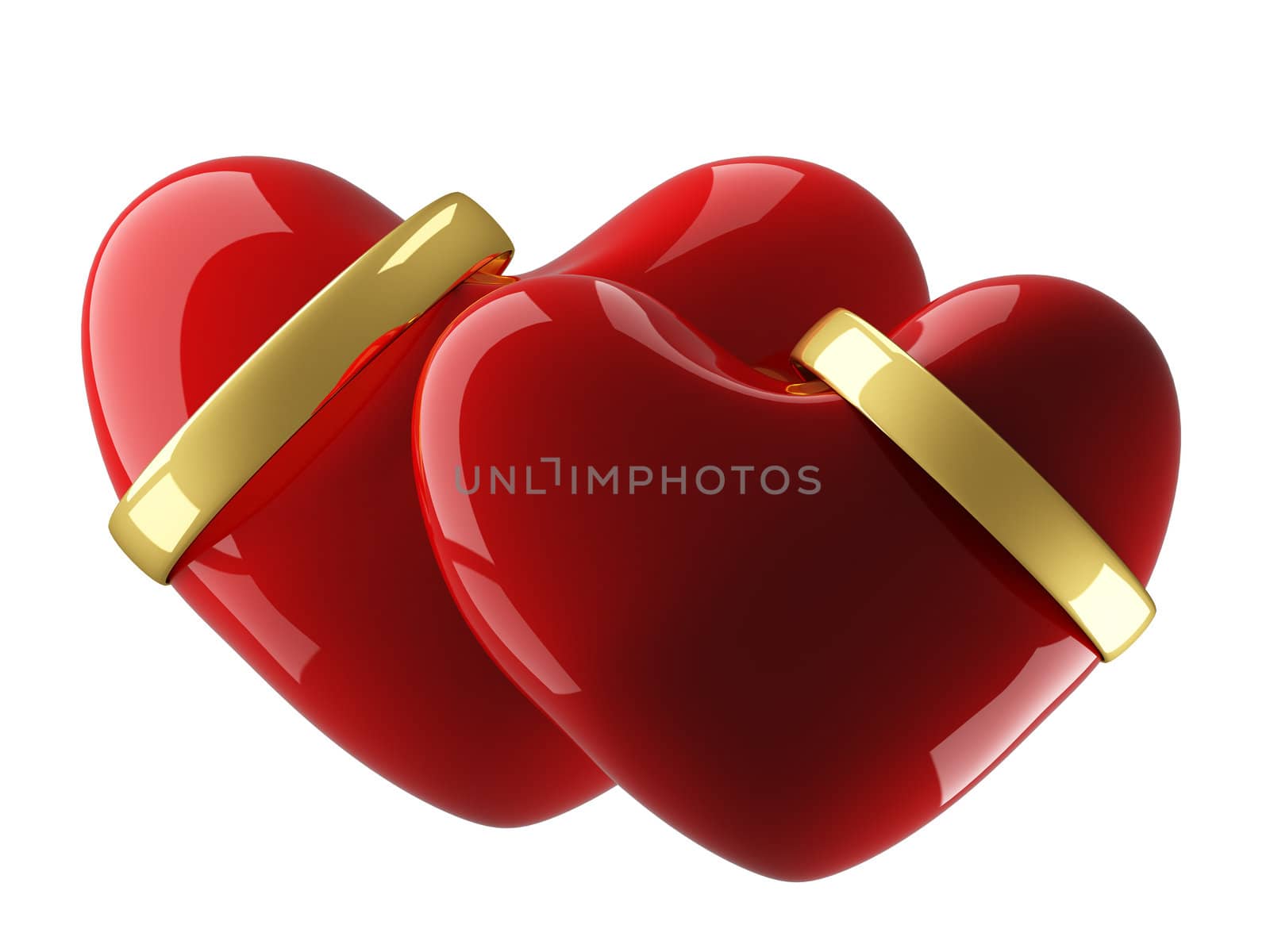 Two heart with wedding rings on a white background. 3D image.