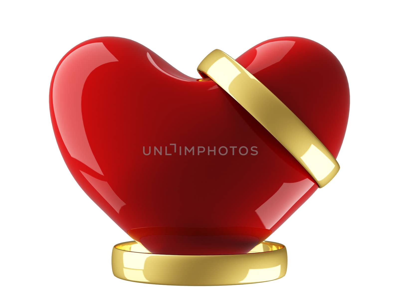 Heart with wedding rings on a white background. 3D image.