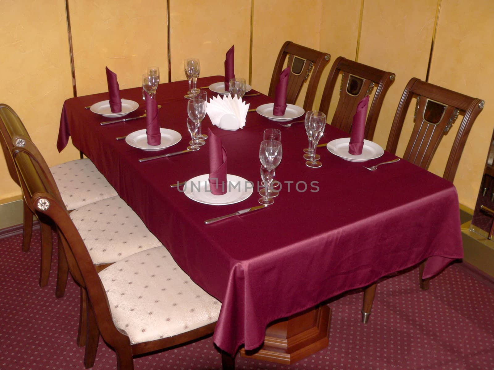 Table with crimson tablecloth 2