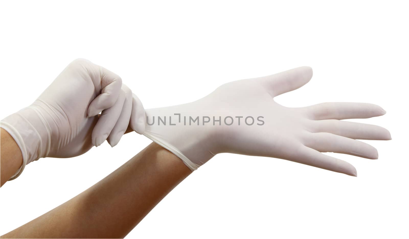 Woman's hands putting on surgical gloves-isolation over white background with clipping path.