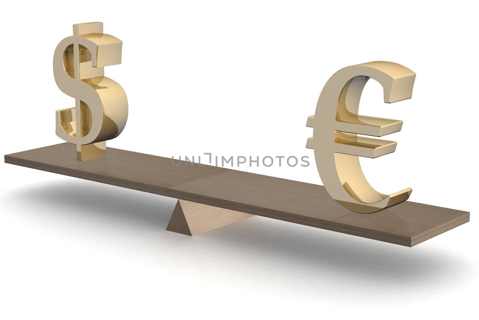 Dollar and euro on scales. 3D image.