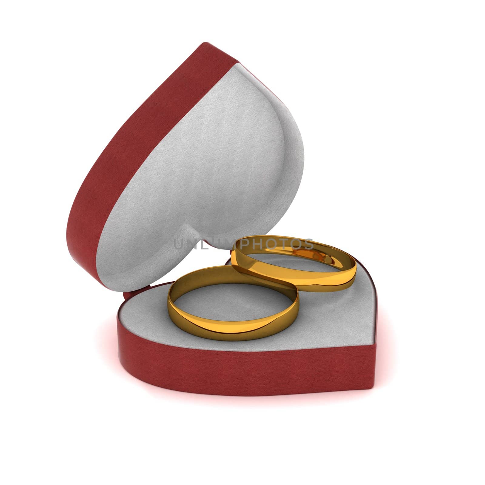 Gift box with gold rings in the form of heart. 3D image.