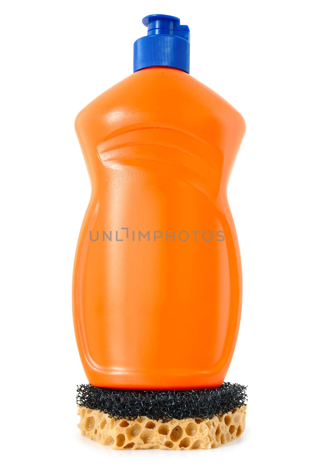 Detergent in orange plastic bottle and sponge on isolated background