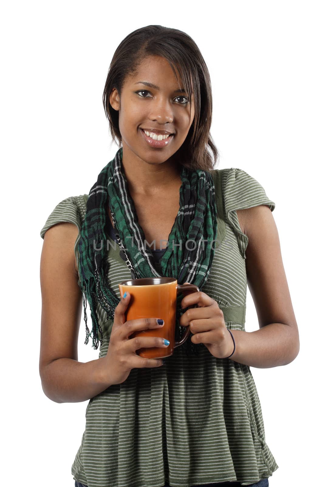 A beautiful female standing with a mug of tea or coffee.
