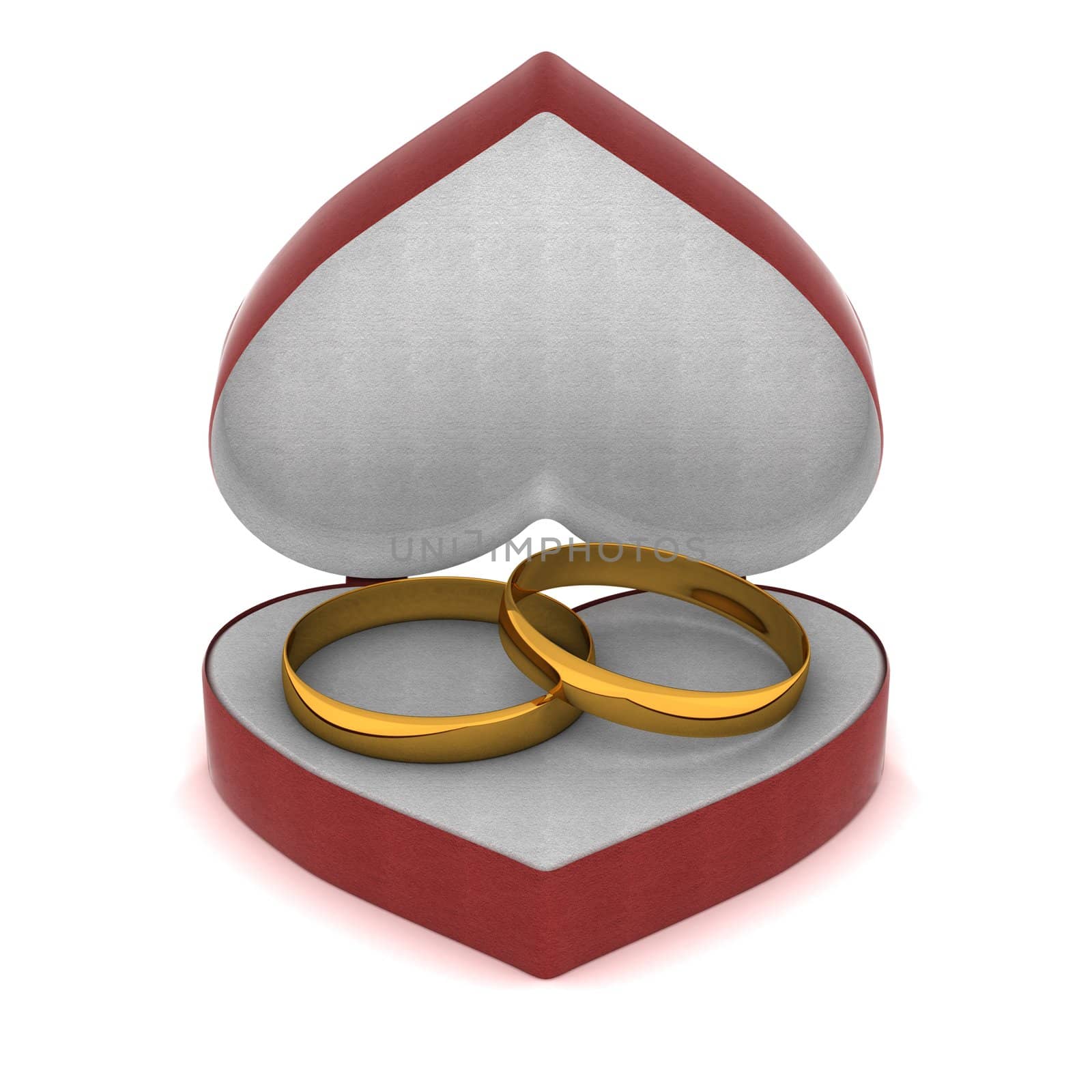 Gift box with gold rings in the form of heart. 3D image.