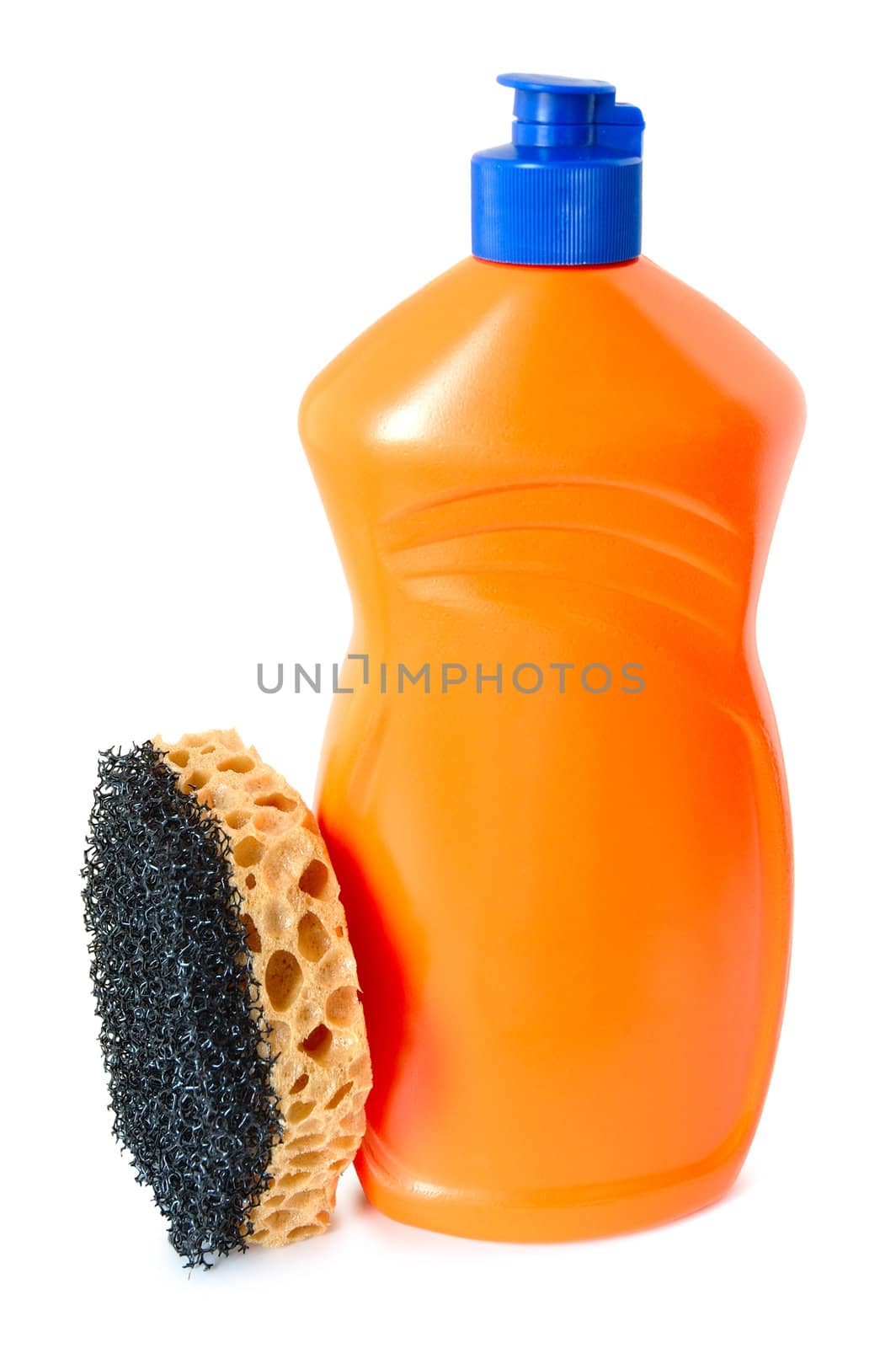 Detergent in orange plastic bottle and sponge on isolated background