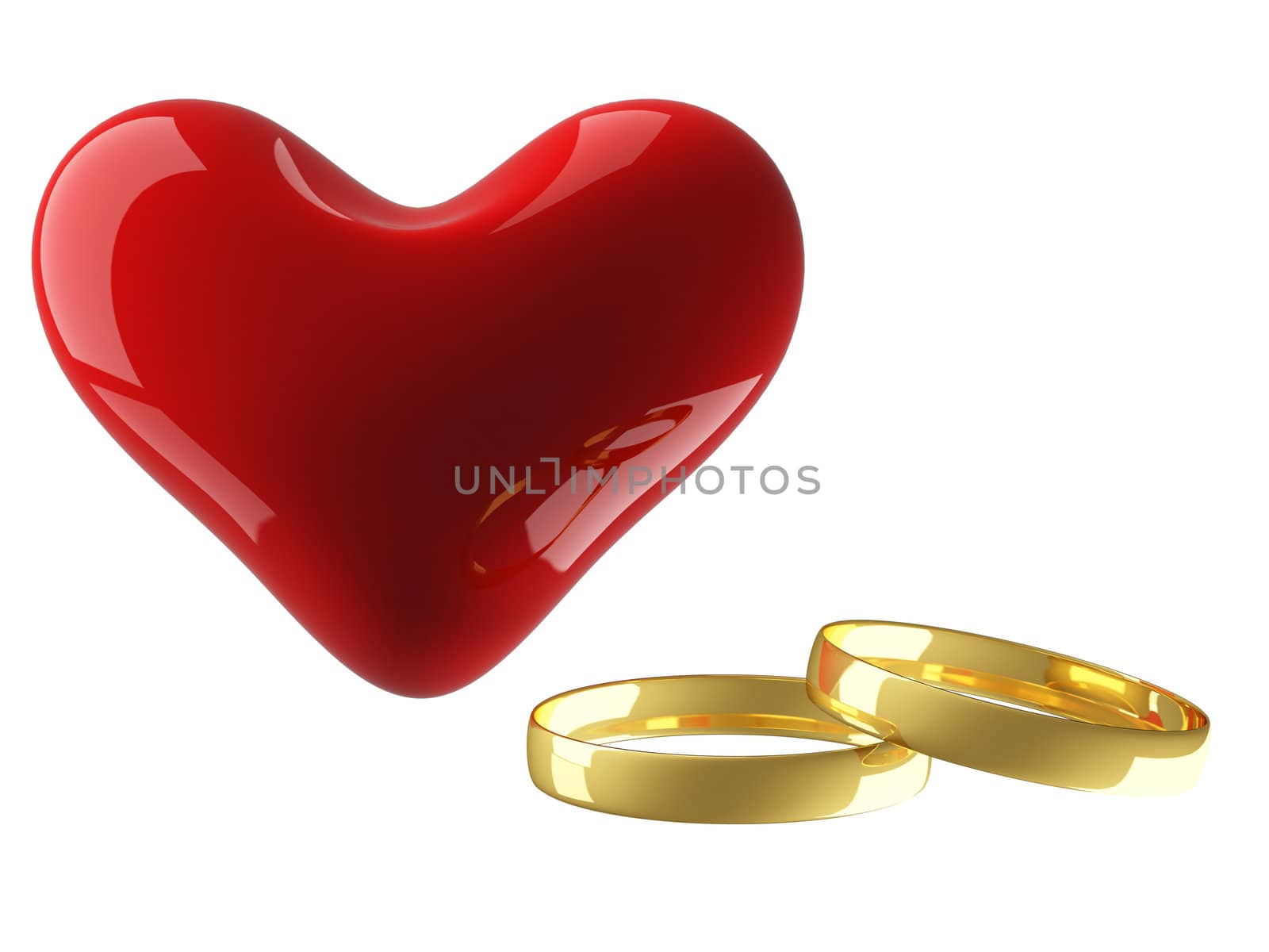Heart with wedding rings on a white background. 3D image.