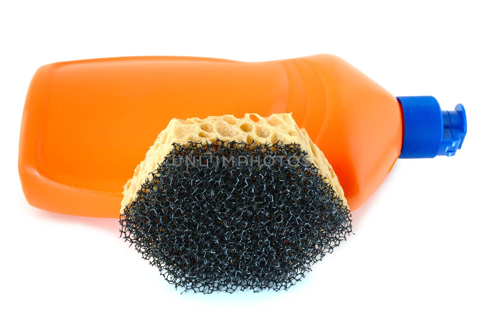 Detergent in orange plastic bottle and sponge on isolated background