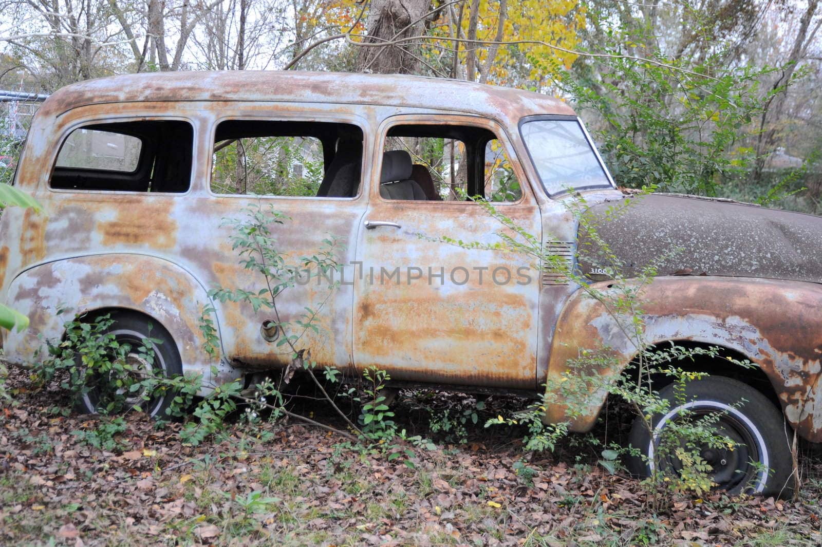 Vintage car abandoned in the woods.