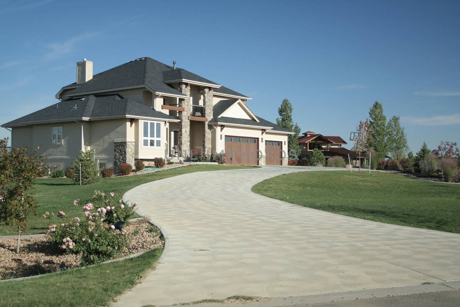 Luxury home with large driveway and landscaping