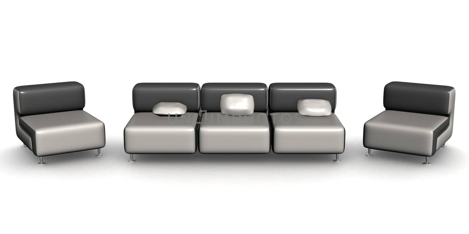 sofa and two armchairs. An interior. 3D image.