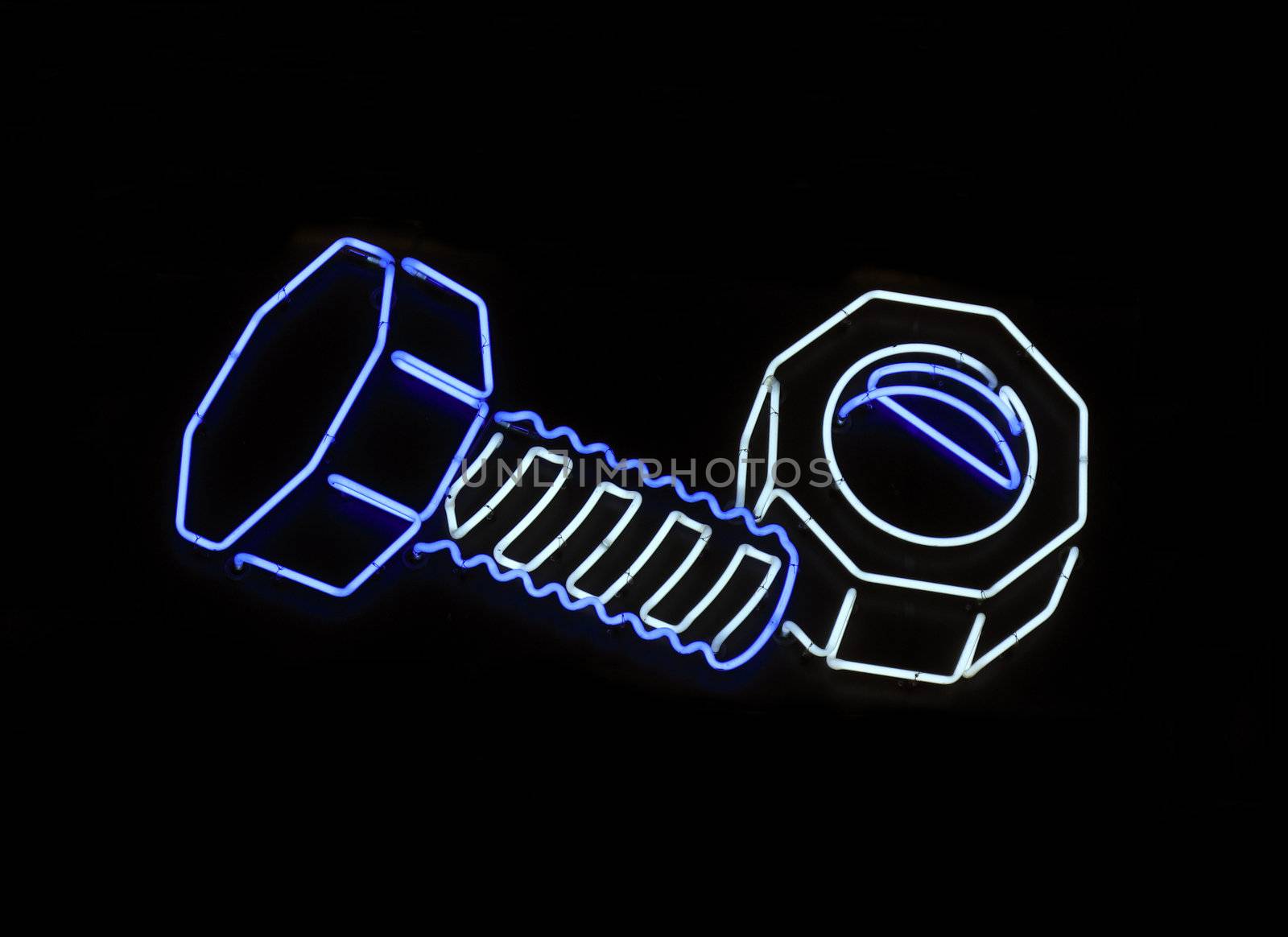 Neon sign shaped like a nut and bolt