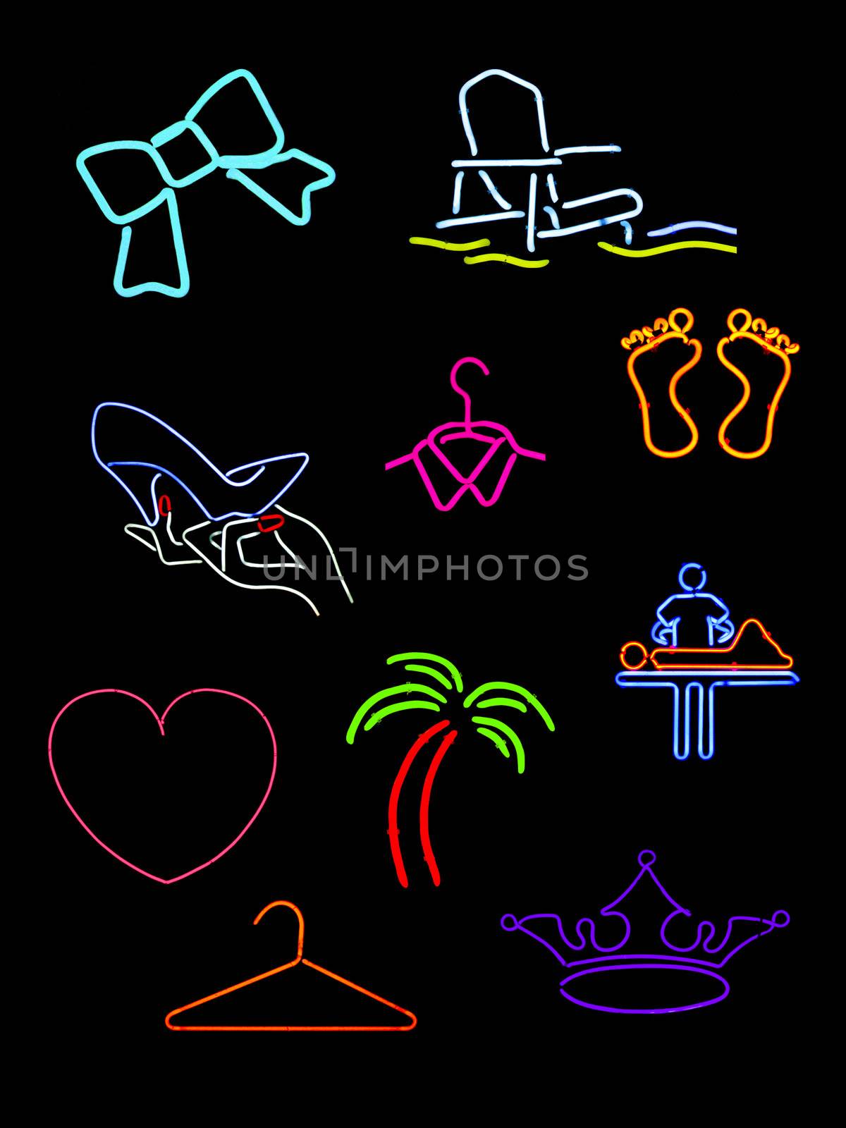 Several different neon shapes and signs