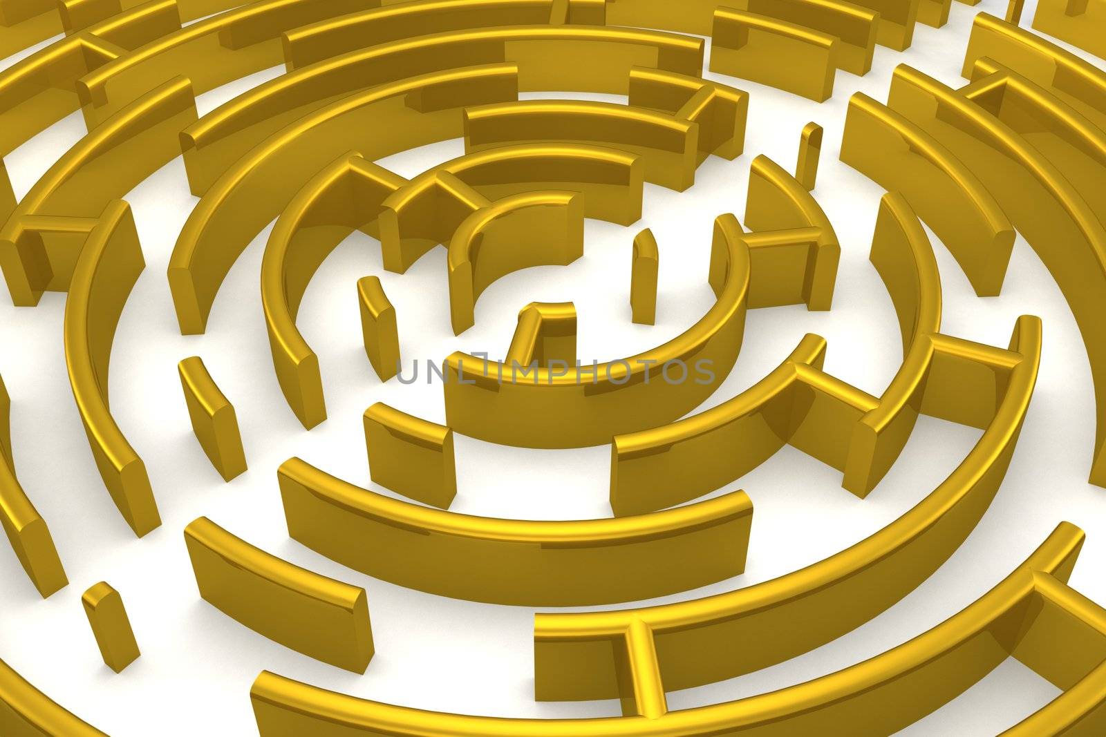 The gold labyrinth with reflection. 3D image.
