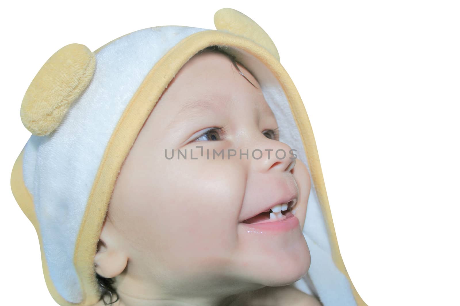 young baby boy in with bath towel