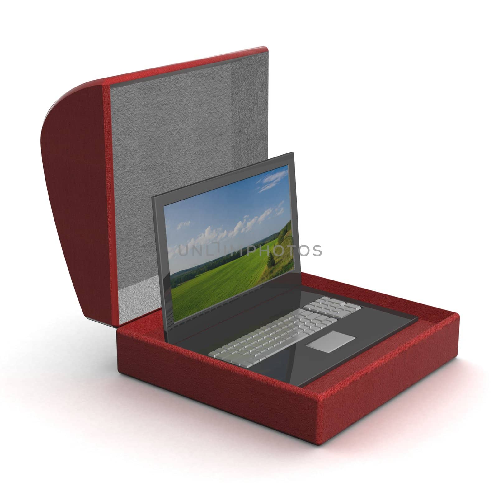 Laptop in a gift box. 3D image.