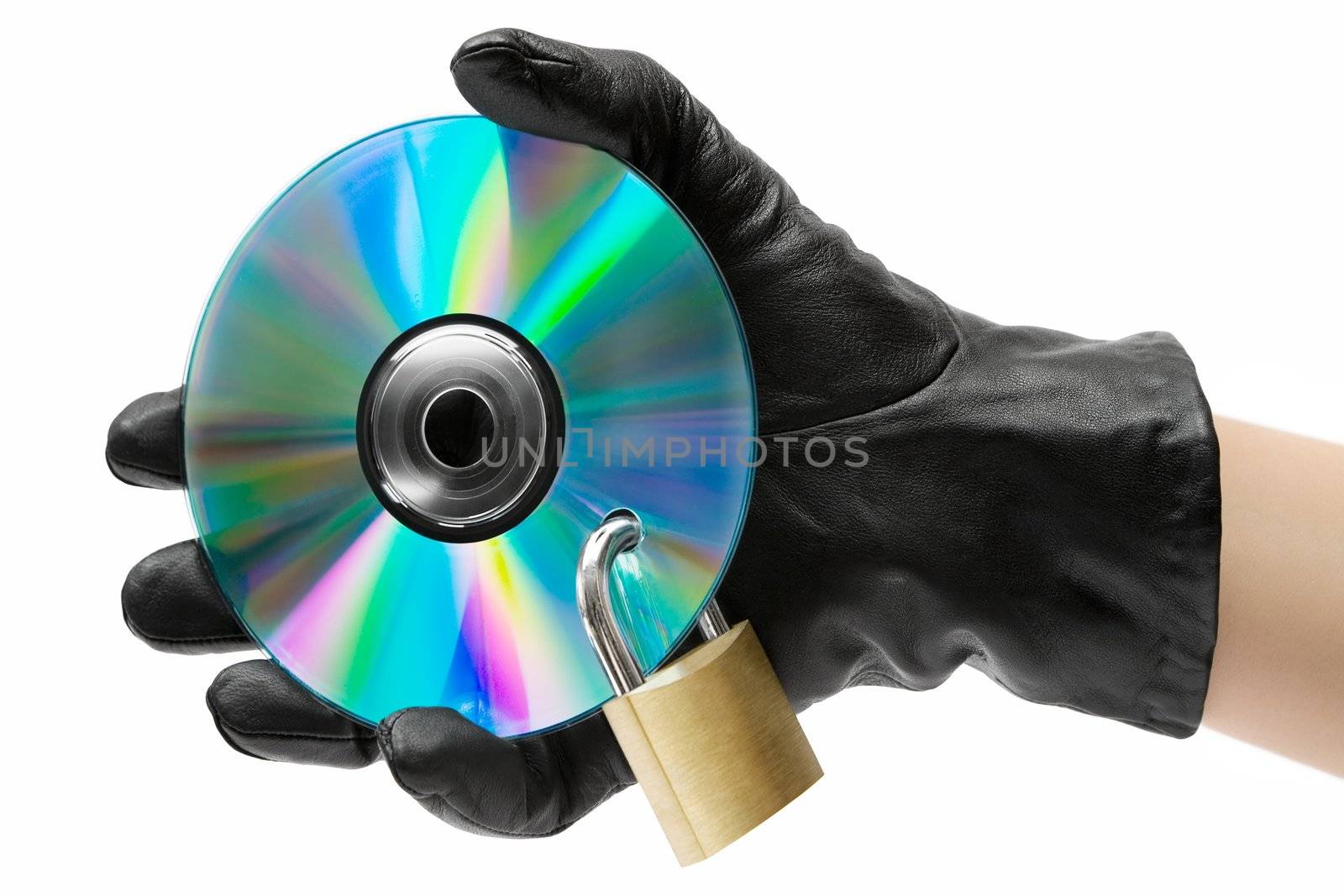 Gloved hand stealing data. Isolated on a white background.