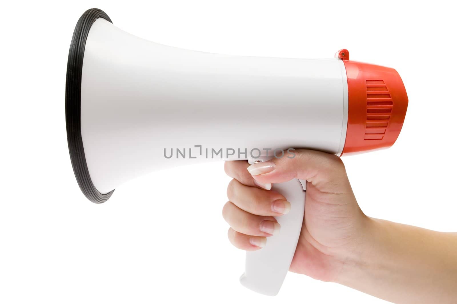 Holding a white megaphone. Isolated on a white background.