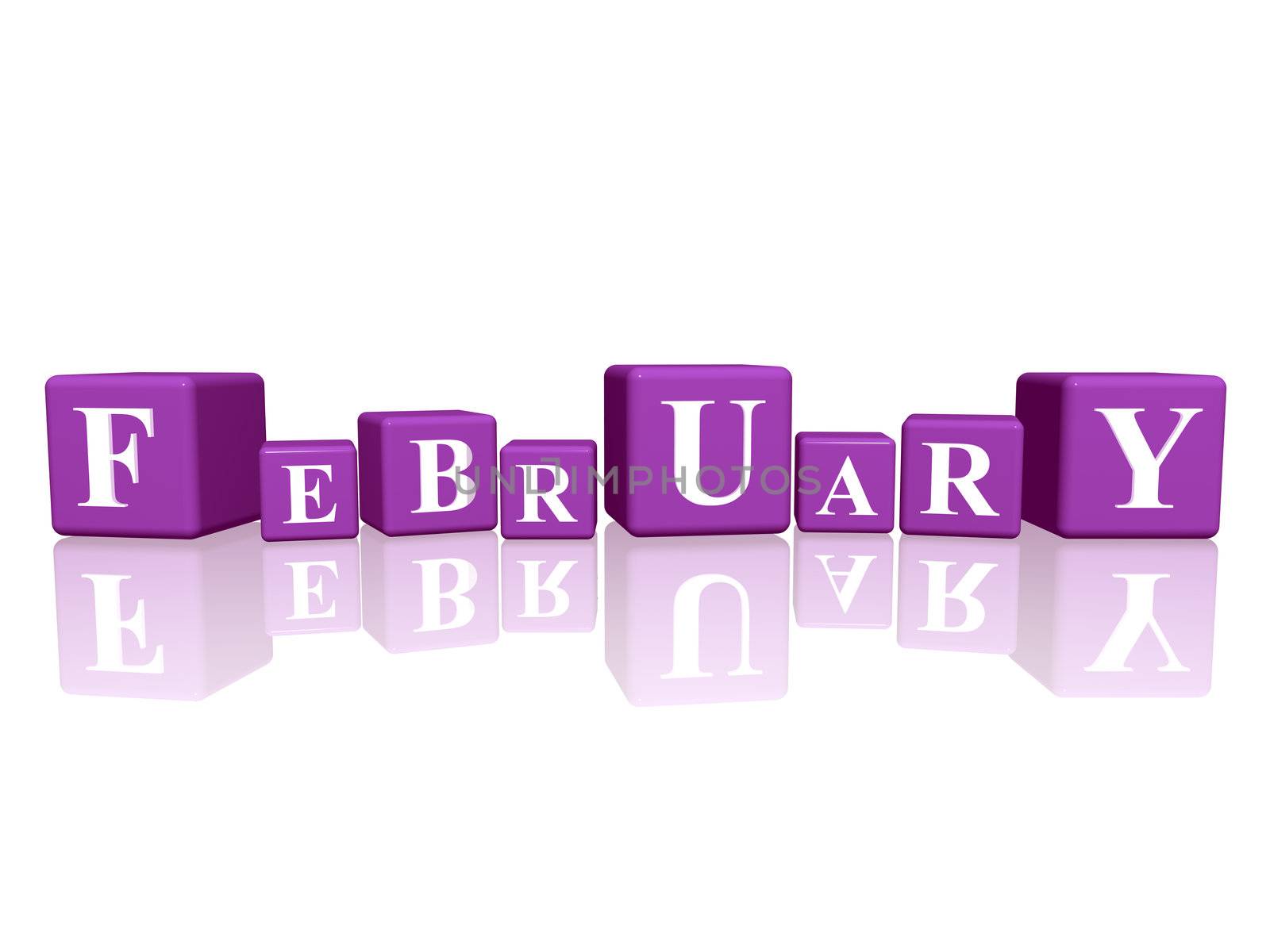 3d violet cubes with letters makes february