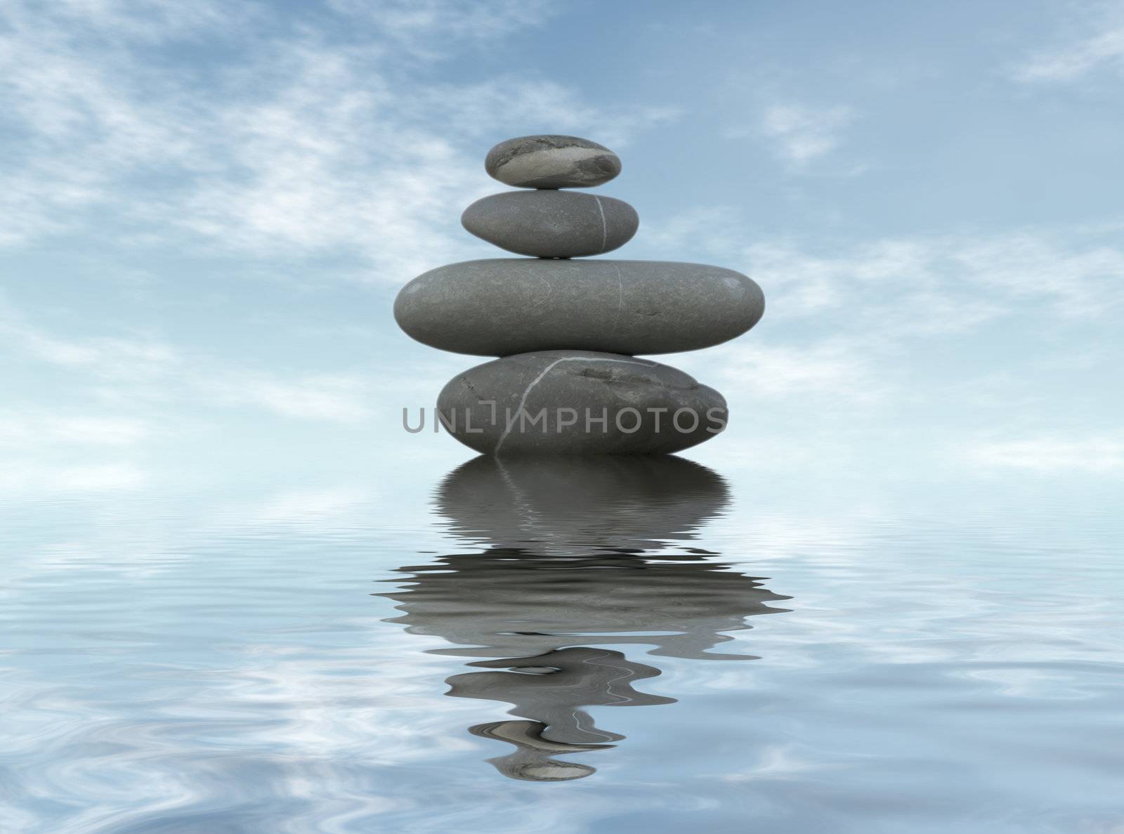 spa stones over blue cloudy sky background and water reflection